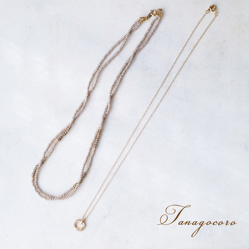 ジルコニアリング＊2連ベージュビーズネックレスセット ネックレス