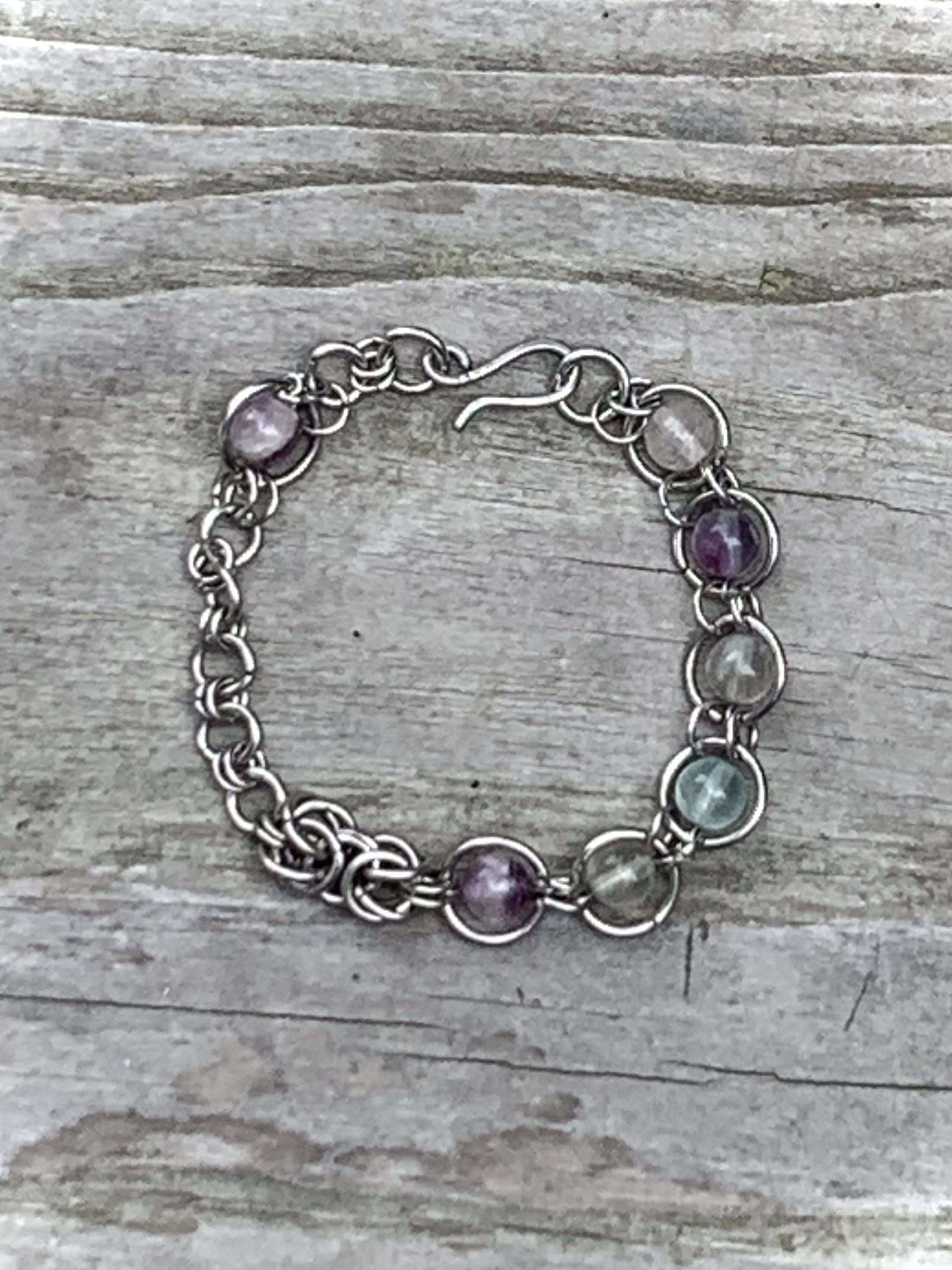 【チタン×天然石】シングル×ダブルチェーン×ビザンチンチェーン×フローライトのブレスレット