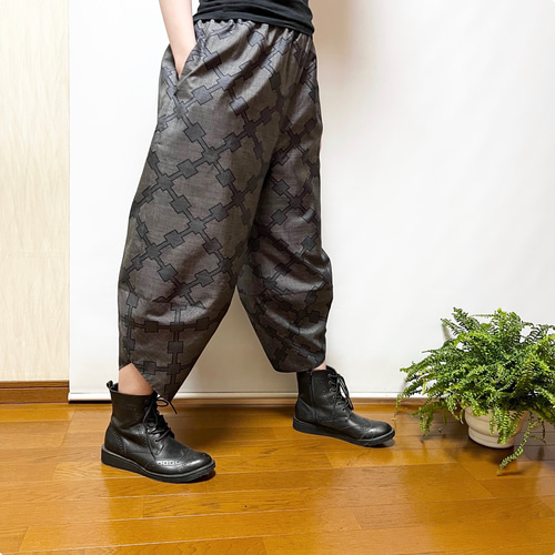幾何学＊大島紬サルエルパンツ＋ストール＊裏地付き＊着物