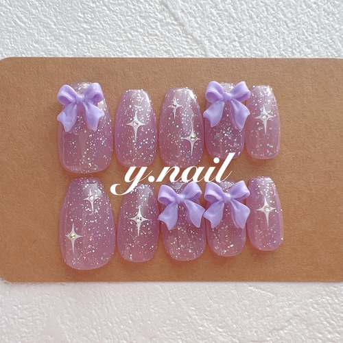 ラメ 紫 リボン ネイルパーツ 12個 ラメ 紫 リボン ネイルパーツ 12個 パープル(紫)/リボンのネイル