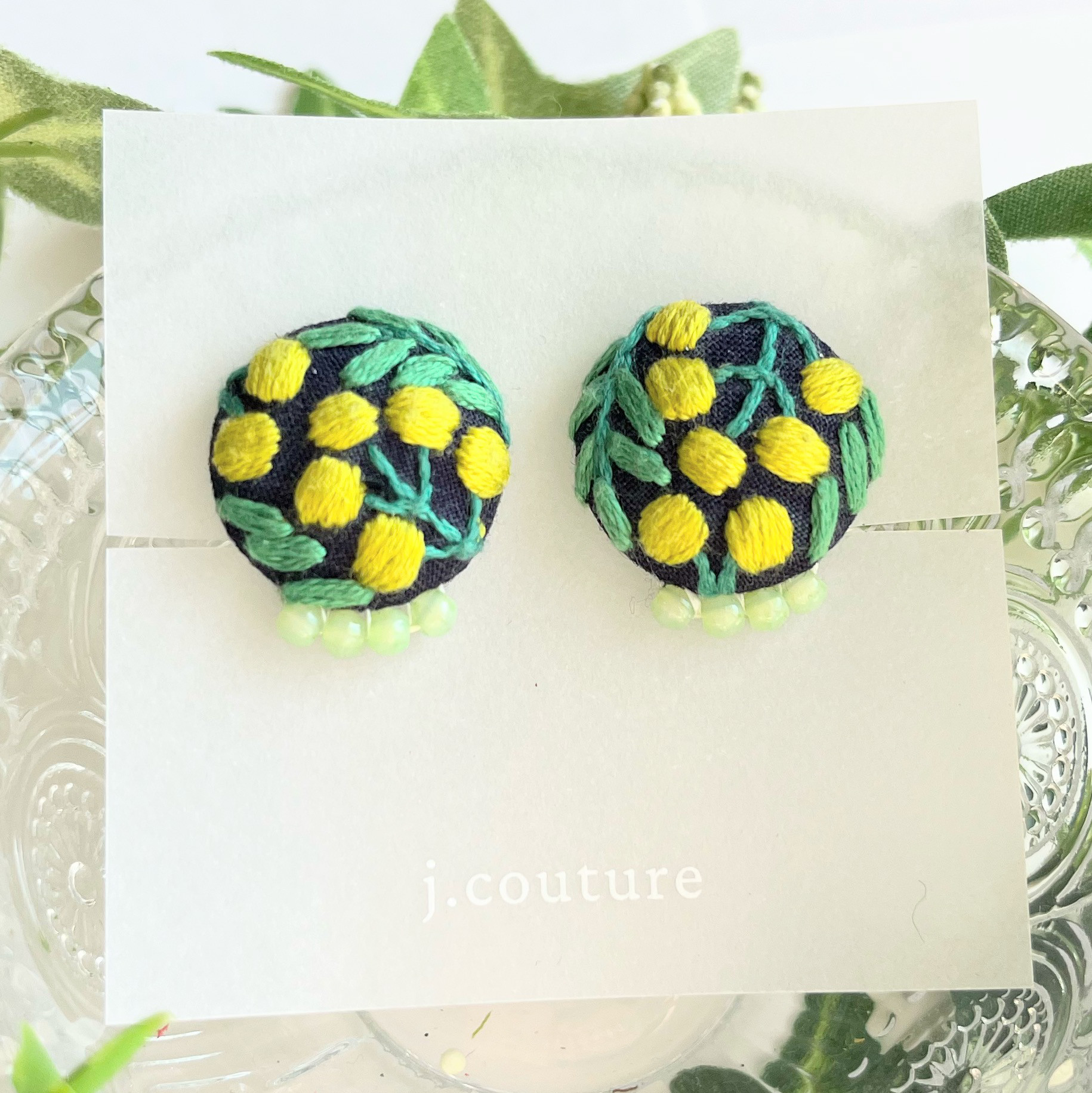 ミモザの刺繍イヤリング【Botanical】#226