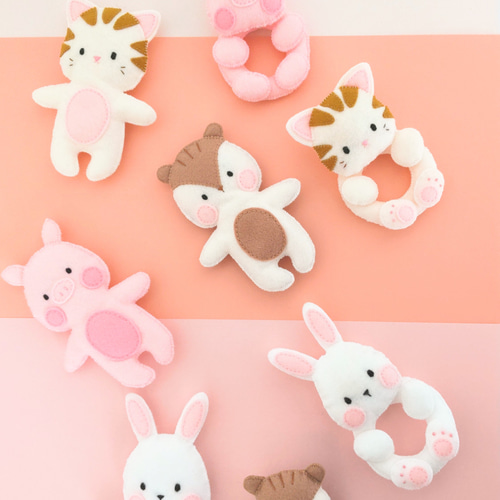 赤ちゃんのおもちゃ☆フェルト動物ラトルとマスコット☆全18種