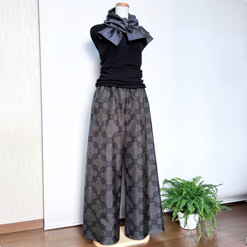 幾何学＊大島紬ワイドパンツ＋ストール＊裏地付き＊着物リメイク