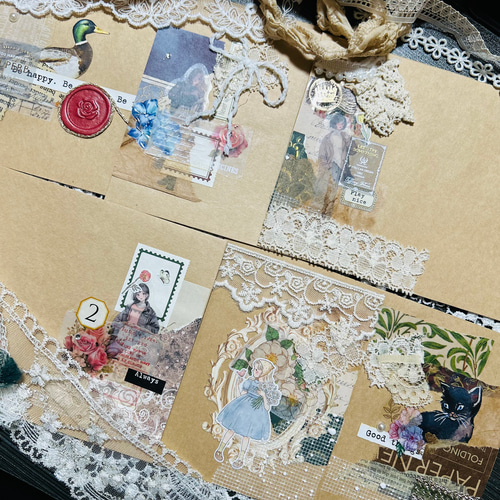 レースでオシャレヴィンテージ封筒 ワンポイントコラージュ オシャレ