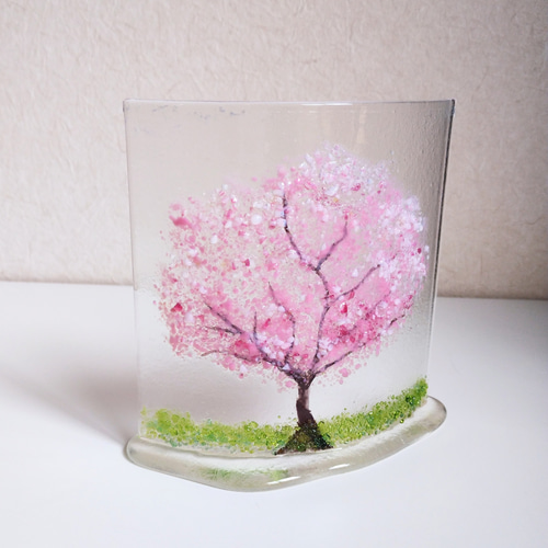 再販】満開の桜の木のガラスパネル 桜のガラスプレート オブジェ 桜
