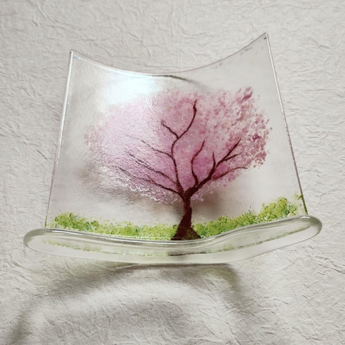 再販】満開の桜の木のガラスパネル 桜のガラスプレート オブジェ 桜