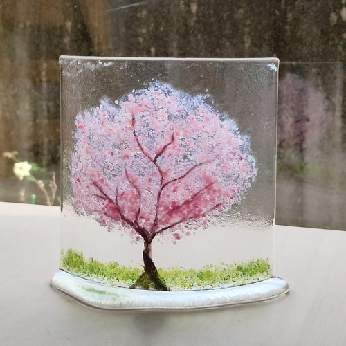 再販】満開の桜の木のガラスパネル 桜のガラスプレート オブジェ 桜