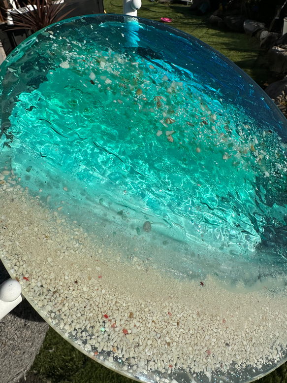 新作　ホワイトムーンビーチ　エメラルドの海　ガラスサイドテーブル丸 〜Minamo〜　table  Sea 8枚目の画像