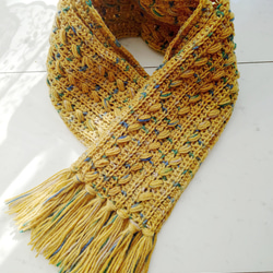 マフラー 模様編み マスタード からし色 フリンジ 編み 手編み 編み物 1枚目の画像
