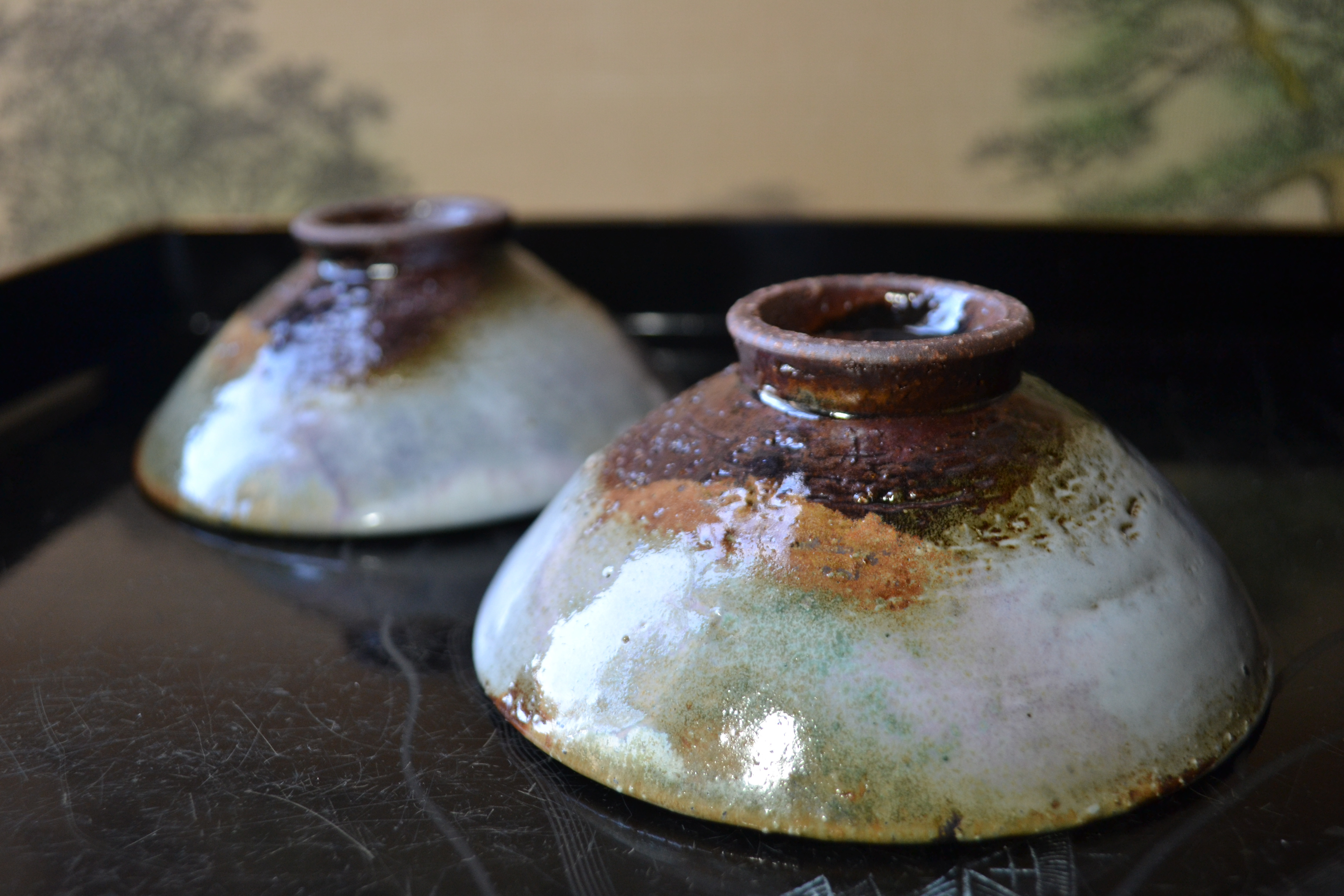 【再入荷！】両面三彩釉　平飯碗ペア　ご飯茶碗　お茶碗　★萩焼き 陶器