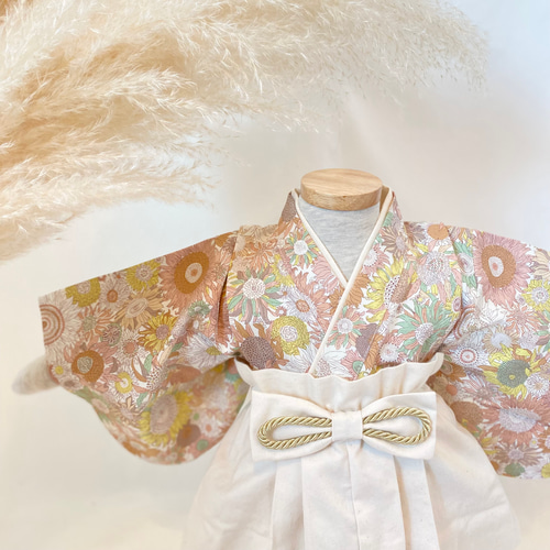 【momoka】ベビー袴 ハンドメイド 花柄マスタード×生成り e975d8b4a6b6fb53162ab310e7a0b0
