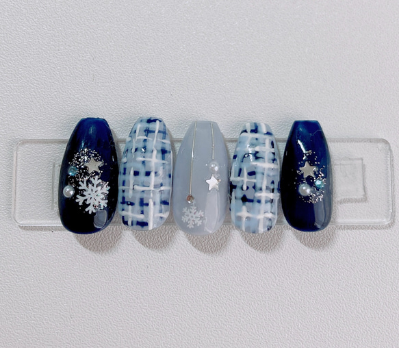 ♡ブルーツイードネイル♡ ネイルチップ　ハンドメイド ブルー/ツイード ネイルチップ | iichi 日々の暮らしを心地よく