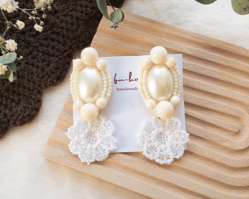 2way】ビーズ刺繍♡大きめパールカボション✖️揺れるお花レース