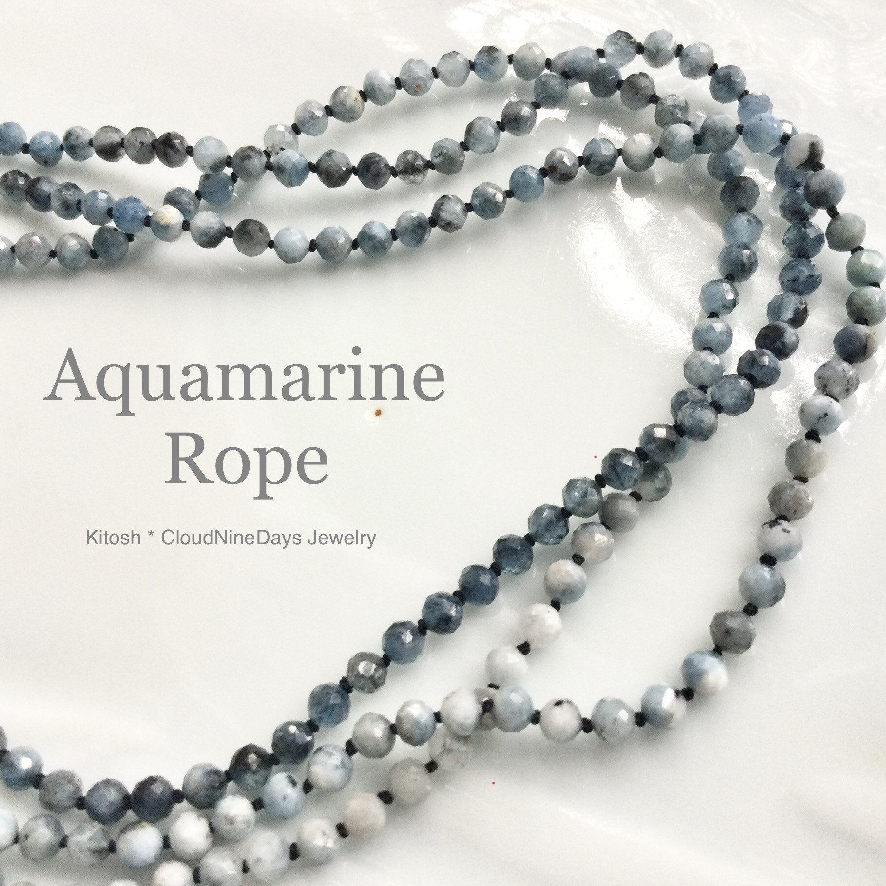 深い青アクアマリンのロングオールノットネックレス 120cm 3月誕生石　オールシーズンお出かけモード