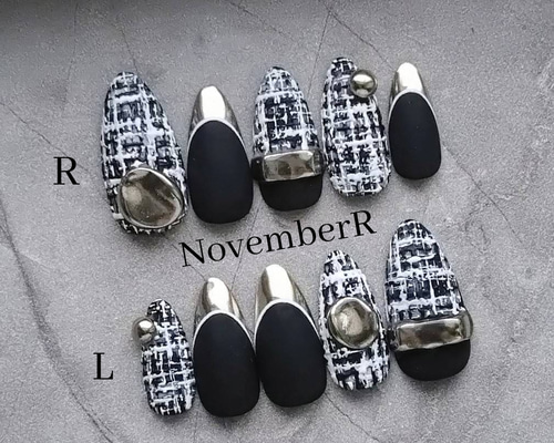 LA713☆大人ツイード×シルバーミラーネイルチップ ネイルチップ（つけ