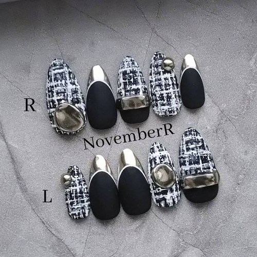 LA713☆大人ツイード×シルバーミラーネイルチップ ネイルチップ（つけ