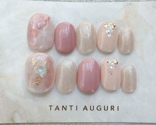 大理石 ショートネイルチップ ピンク色 マーブル 短め 小さい爪用