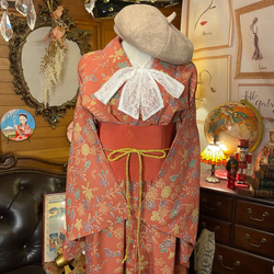 単衣着物 洗える 化繊 ワンピース ドレス ハンドメイド リメイク 帯サッシュベルト 和洋折衷  KW-172 2枚目の画像