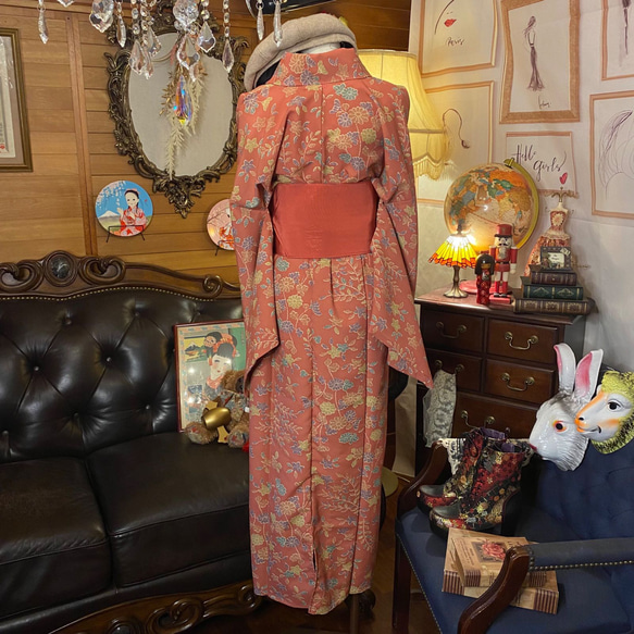 単衣着物 洗える 化繊 ワンピース ドレス ハンドメイド リメイク 帯サッシュベルト 和洋折衷  KW-172 7枚目の画像
