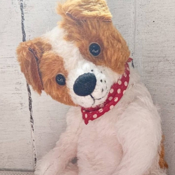 ぶちのわんこ 白×黄土色／テディベアタイプの犬のぬいぐるみ 約23cm