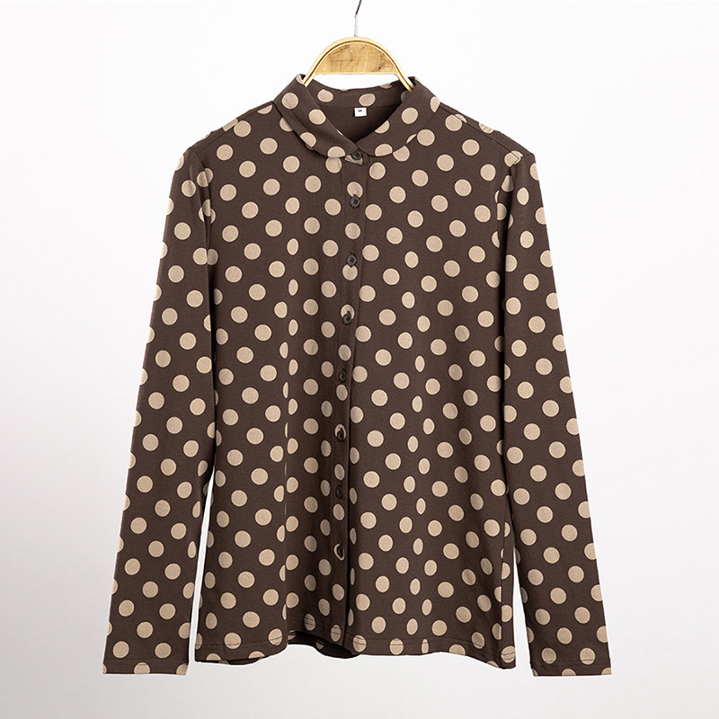 水玉長袖シャツ　水玉プリント伸縮性ありシャツ　可愛い襟長袖シャツ　8色　M-3XL　コーヒー　L300CO