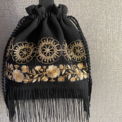 ヌビキルトとインド刺繍の巾着バッグ GOLD fringe 巾着バッグ tenten