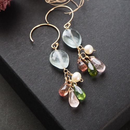 14kgfモスアクアマリン・トルマリンピアス/イヤリング