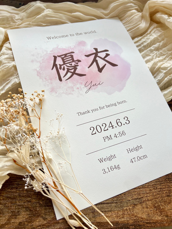 オーダー命名書 ピンク 水彩タッチ シンプル おしゃれ かわいい 春