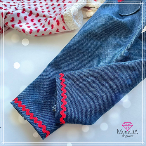イタグレ用犬服】赤とデニムが相性100%!!ハートジャガードロンパース