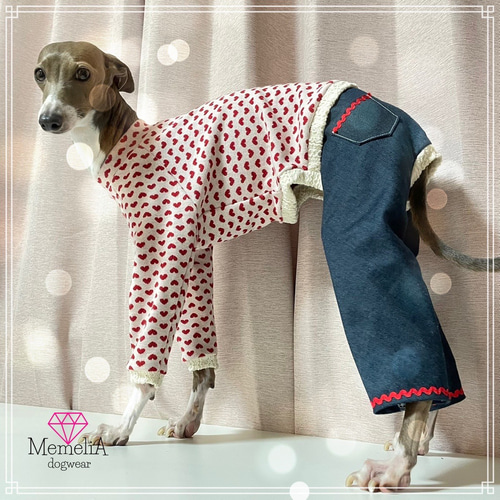 イタグレ用犬服】赤とデニムが相性100%!!ハートジャガードロンパース