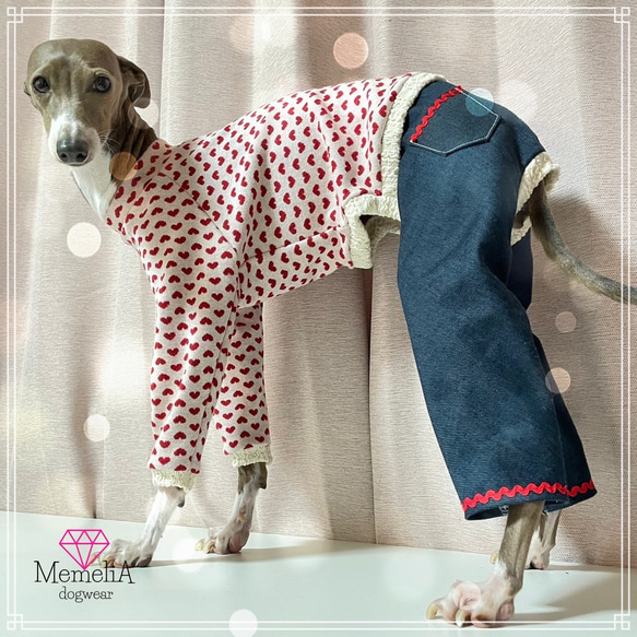 中華のおせち贈り物 イタグレ用犬服】赤とデニムが相性100%!!ハートジャガード 犬服・アクセサリー