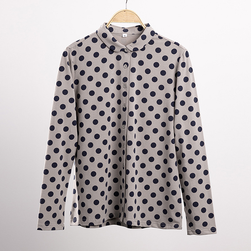 水玉長袖シャツ　水玉プリント伸縮性ありシャツ　可愛い襟長袖シャツ　8色　M-3XL　グレー　L300GY