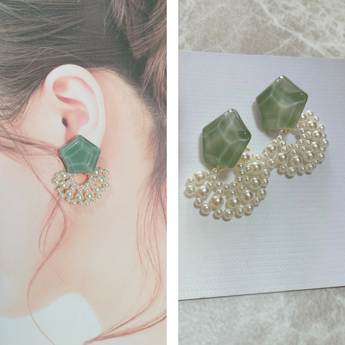 グリーンとパールの華やかピアス♪ ピアス（その他） la.campanule38  
