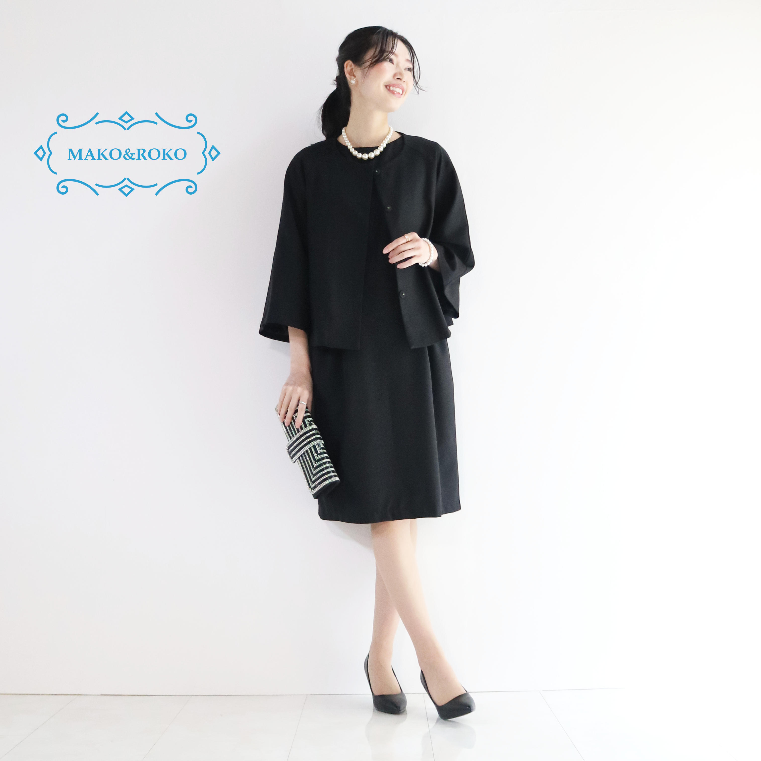 セットアップ【洗える】黒フォーマルウエストタックワンピース＆Aラインジャケット★