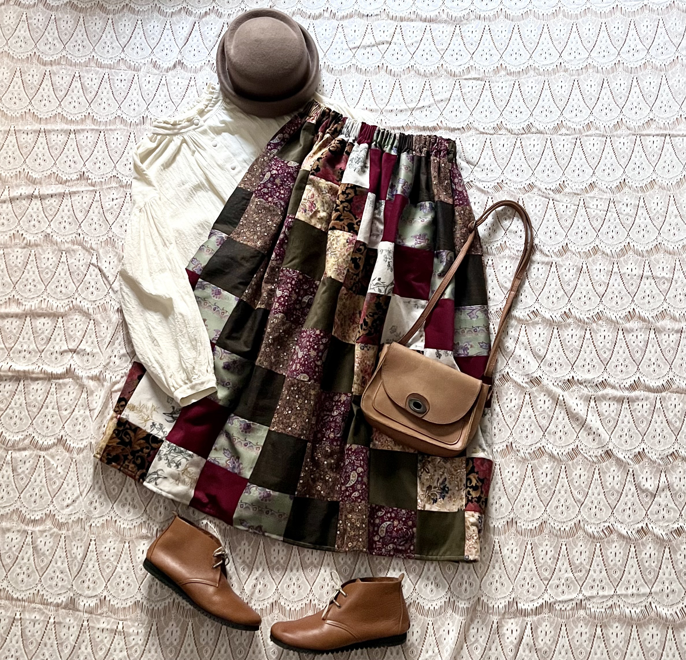 パッチワークスカート 冬素材 ロングスカート（マキシ丈  