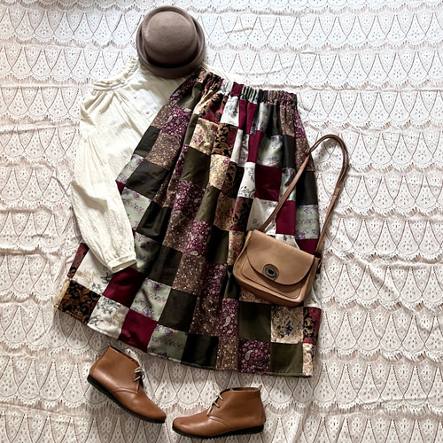 パッチワークスカート 冬素材 ロングスカート（マキシ丈） fujikujira