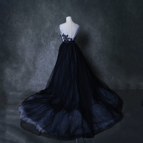 フランス風 カラードレス アシメドレス 美しい花レース チュール  