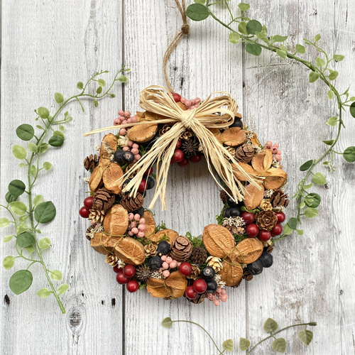 アンティーク調 リース ギボシの葉とオクラの実 ドライフラワーリース