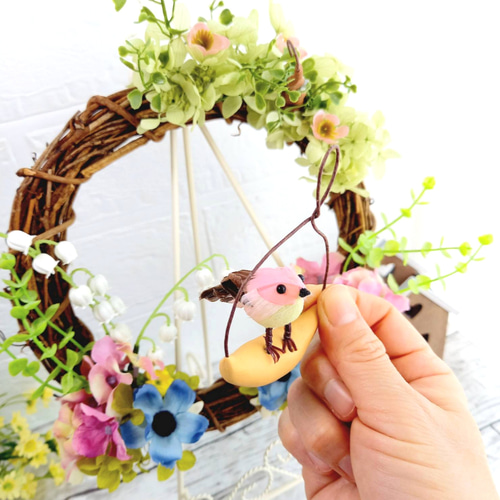 リース】ピンクの小鳥のぶらんこリースアレンジ♡ラッピング無料