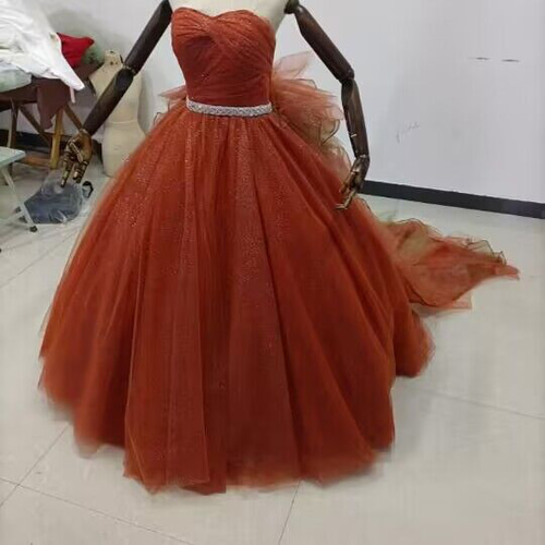 クラシカル カラードレス テラコッタ色 ベアトップ ビジュー ビスチェ  