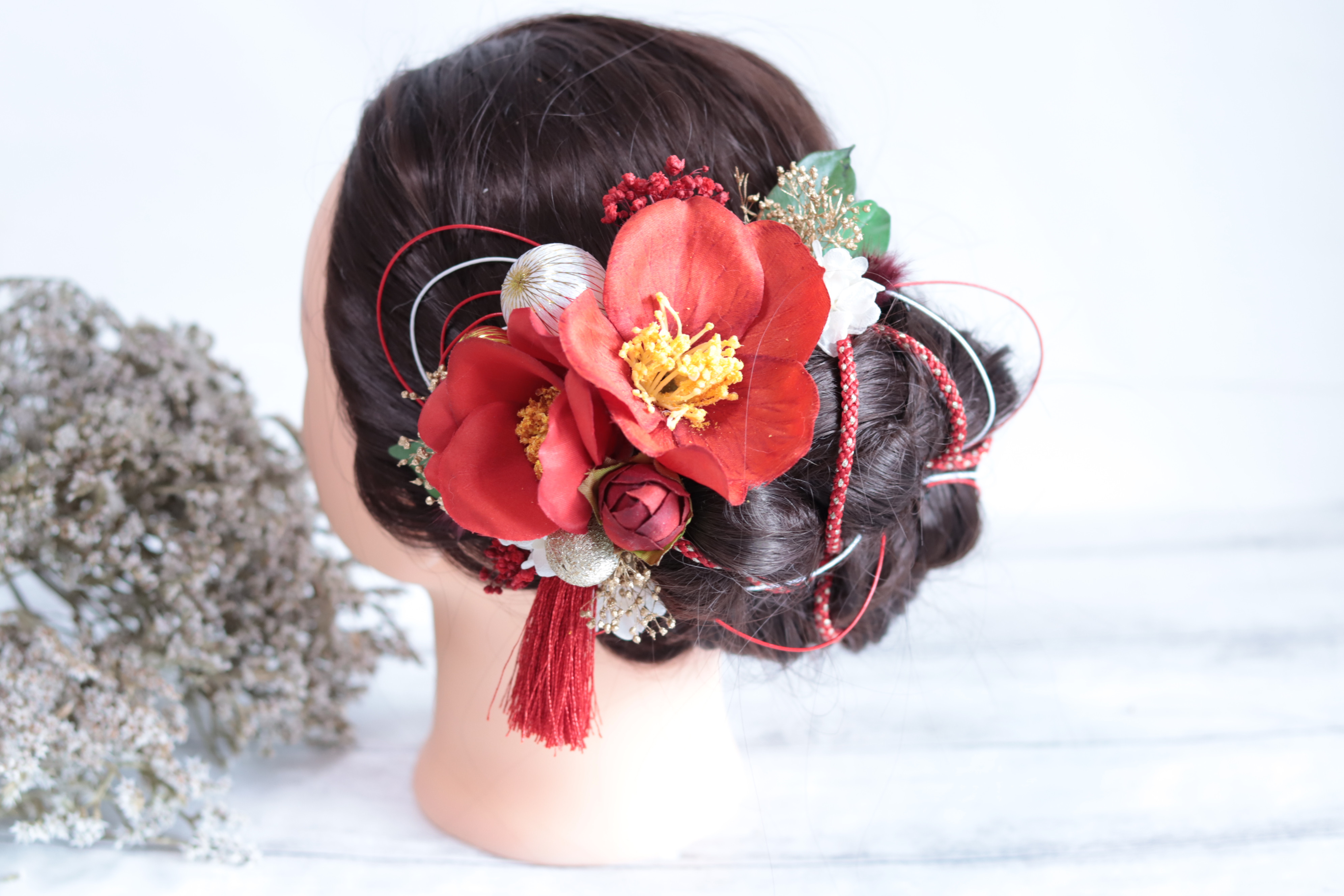 椿の髪飾り+飾り紐+タッセル+水引＊プリザーブドフラワー＊和装にも◎
