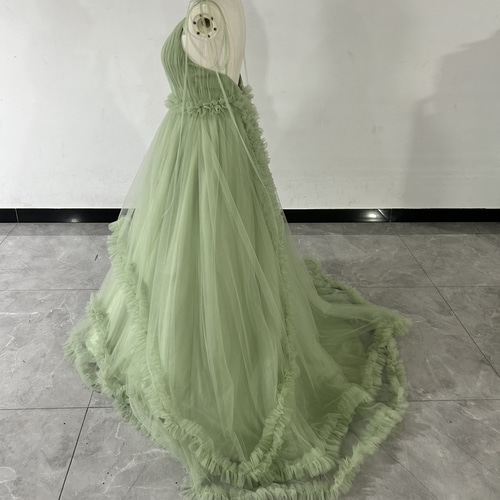 フランス風 グリーンパーティードレス キャミソール Vネック ラッフル  