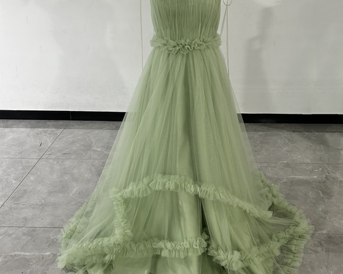 フランス風 グリーンパーティードレス キャミソール Vネック ラッフル  