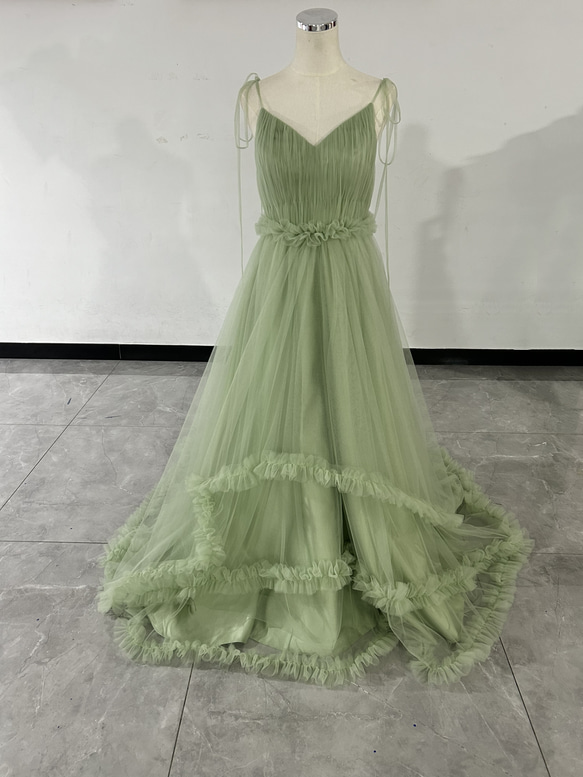 フランス風 グリーンパーティードレス キャミソール Vネック ラッフル  