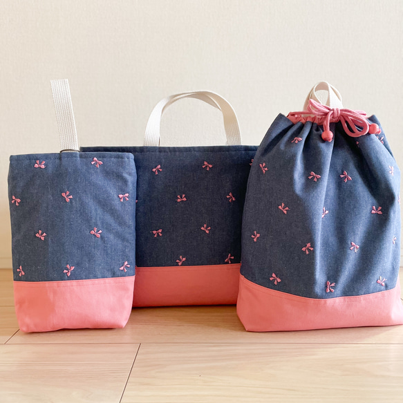 しまりす　リボン刺繍　入園入学グッズ　レッスンバッグ　シューズバッグ リボン刺繍のレッスンバッグセット シューズバッグ お着替え入れ