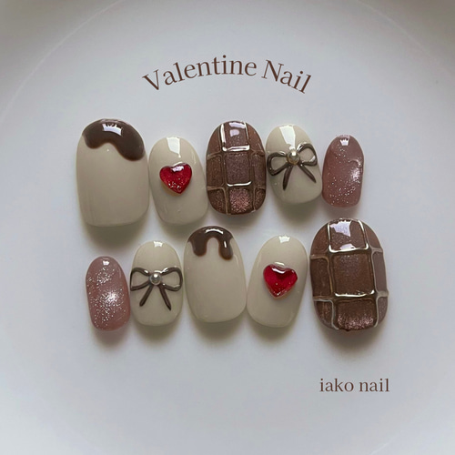 No.048】バレンタインネイルチップ♡プレゼント♡リボン♡ハート♡チョコ