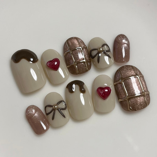 ネイルチップ バレンタイン チョコレート ぷっくり ハート リボン  