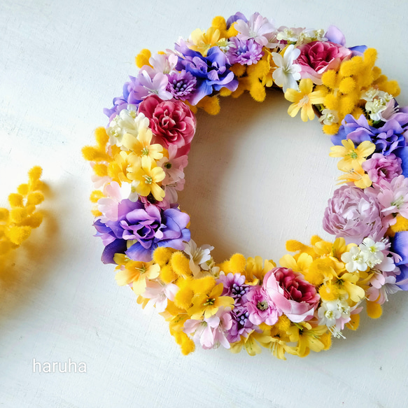 Creema限定ミモザの春めきリース アーティフィシャルフラワー アートフラワー 造花リース 2枚目の画像