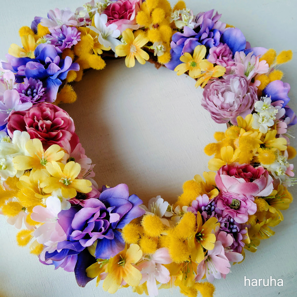 Creema限定ミモザの春めきリース アーティフィシャルフラワー アートフラワー 造花リース 6枚目の画像