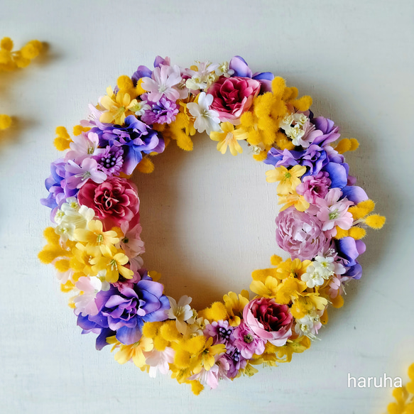 Creema限定ミモザの春めきリース アーティフィシャルフラワー アートフラワー 造花リース 5枚目の画像
